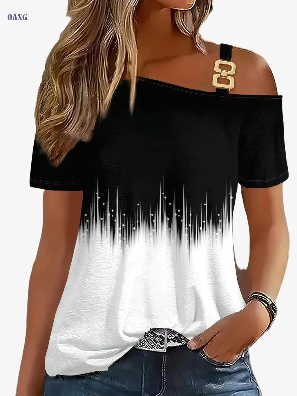 Ombre Print Slant Shoulder T-shirt - Elegant Summer Top for Women   OAXG 