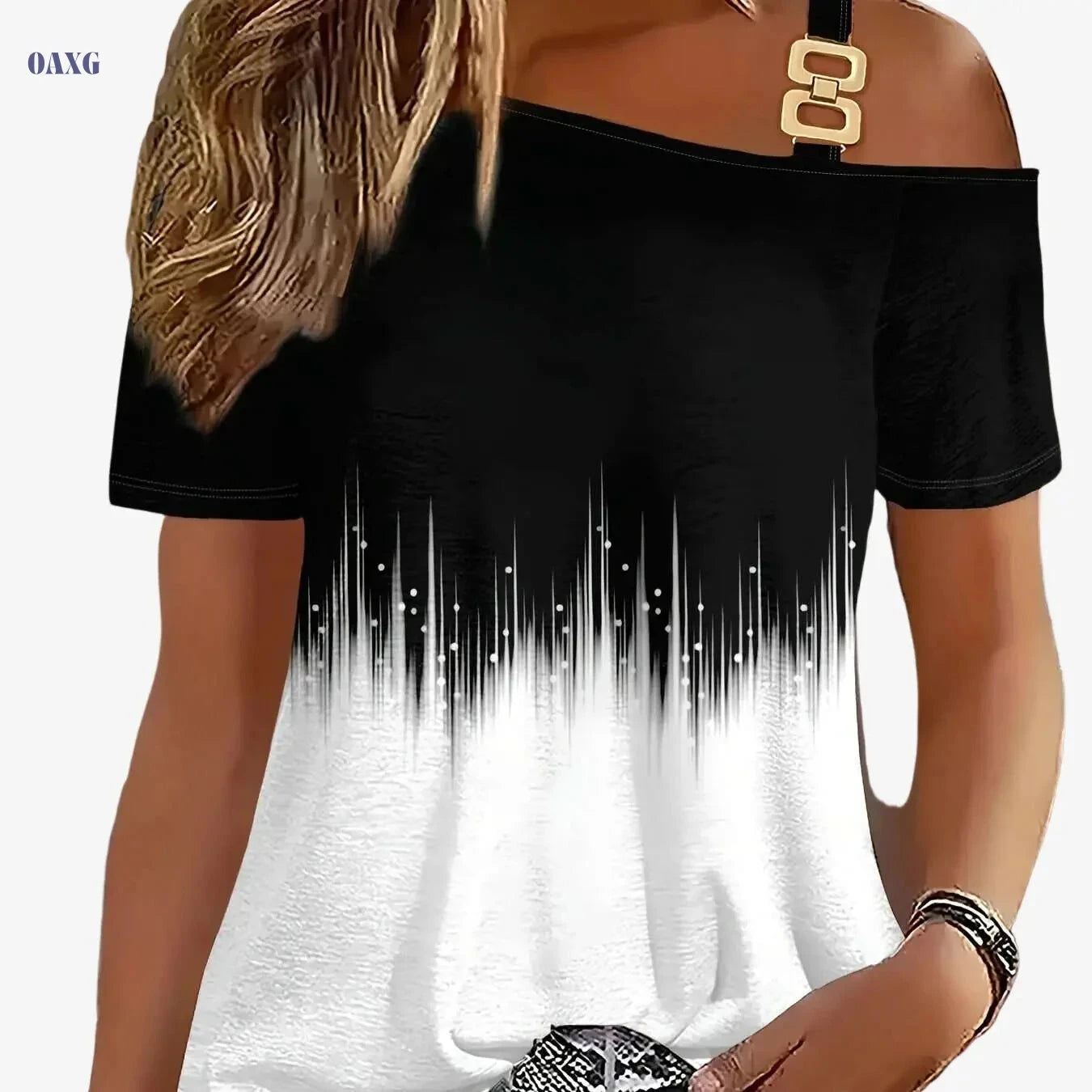 Ombre Print Slant Shoulder T-shirt - Elegant Summer Top for Women   OAXG Black / S