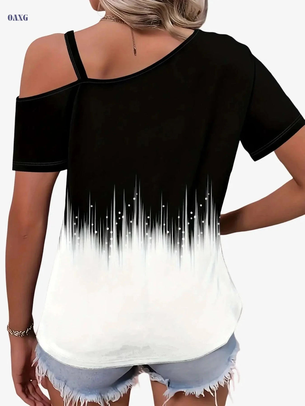 Ombre Print Slant Shoulder T-shirt - Elegant Summer Top for Women   OAXG Black / S