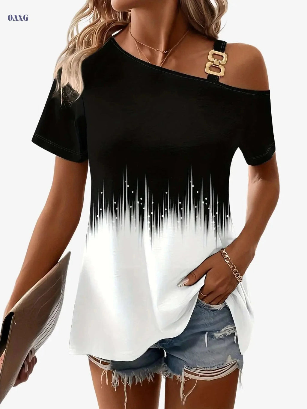 Ombre Print Slant Shoulder T-shirt - Elegant Summer Top for Women   OAXG Black / S