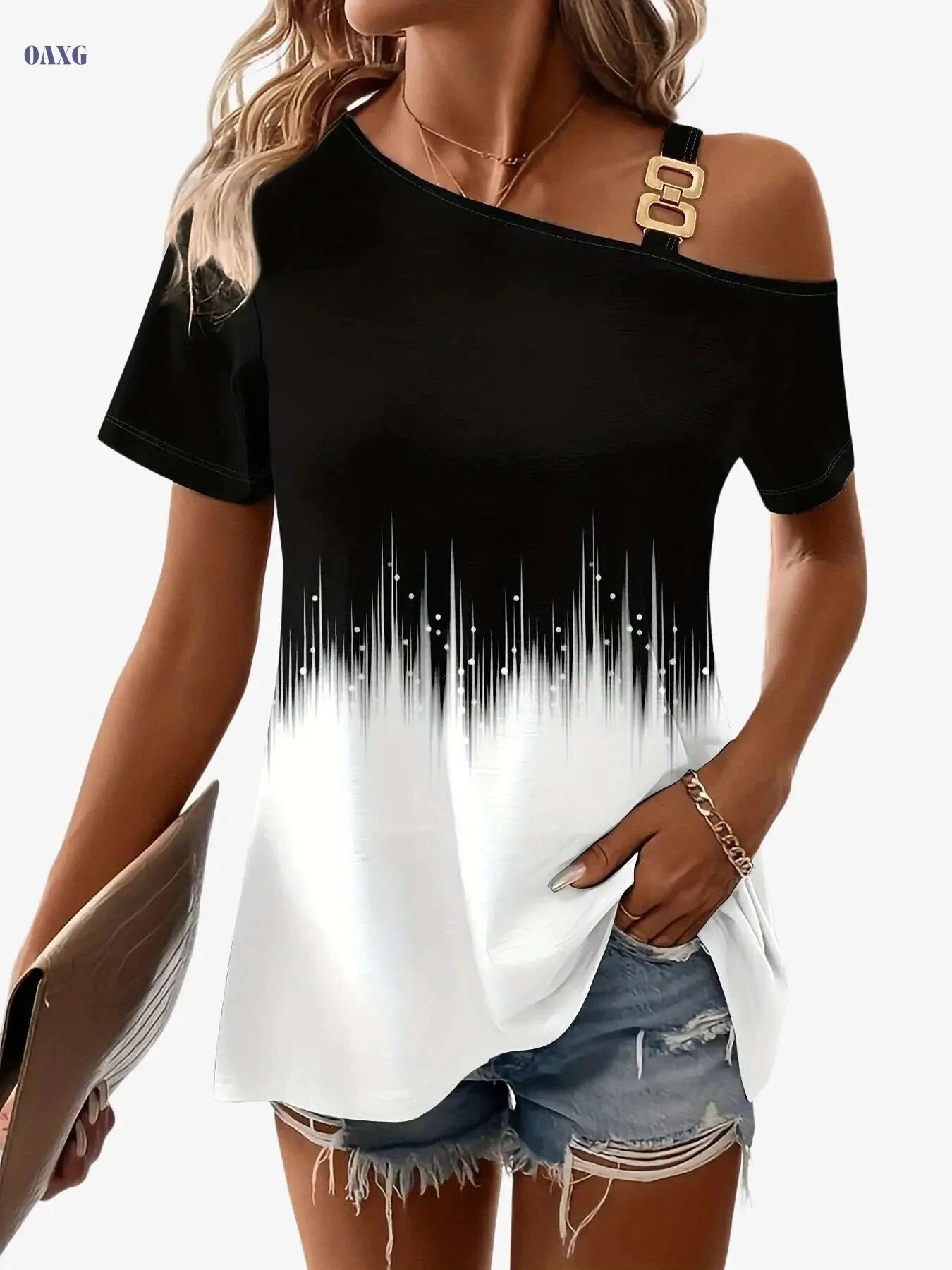 Ombre Print Slant Shoulder T-shirt - Elegant Summer Top for Women   OAXG Black / S