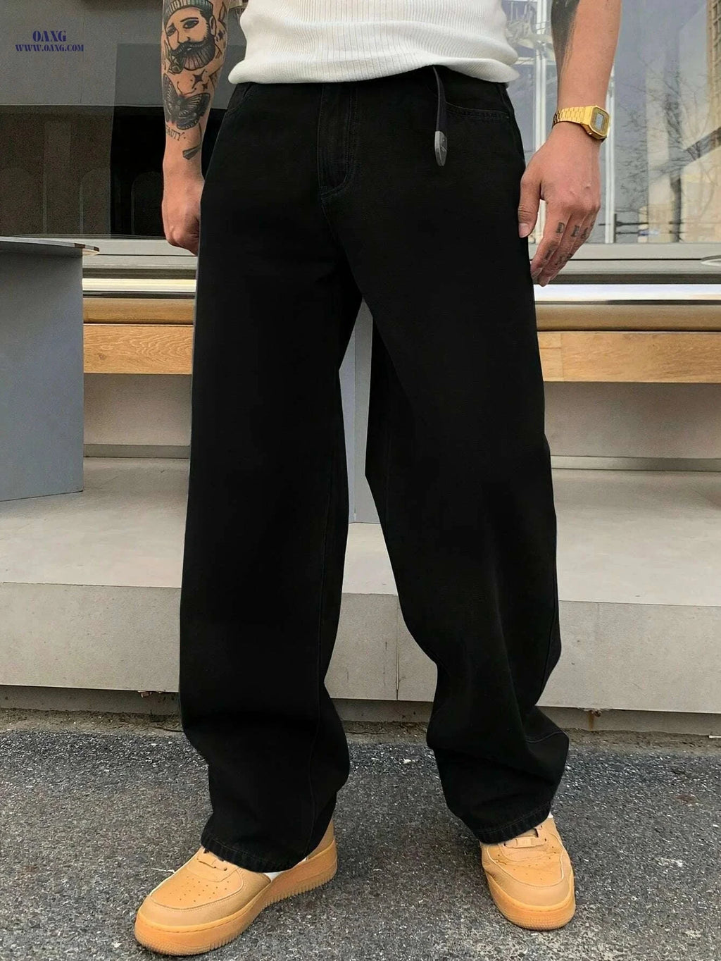 One American Street Style Loose Jeans - Unisex, Casual Comfort   OAXG Black / XS