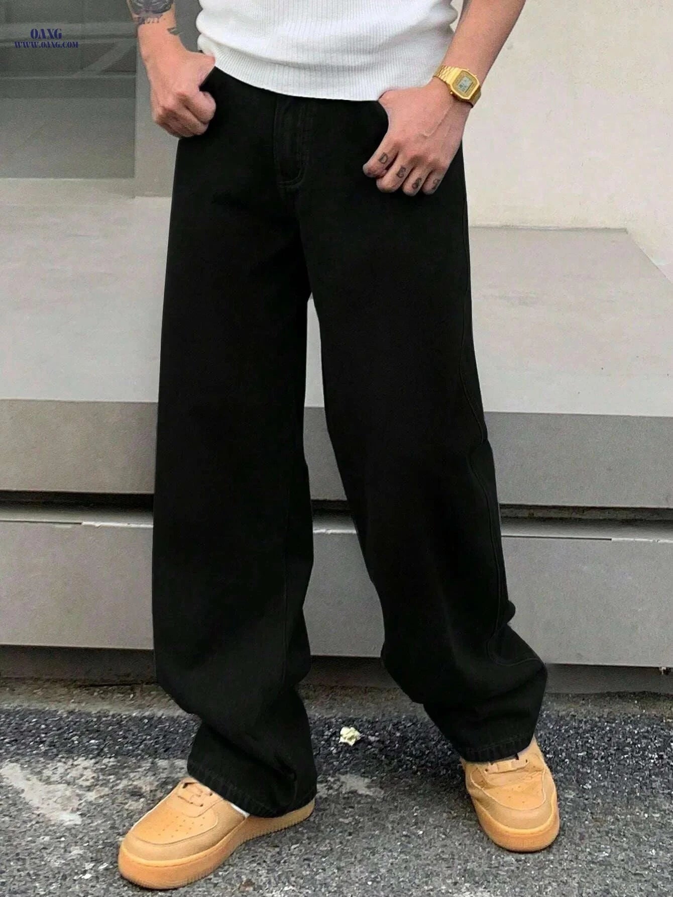 One American Street Style Loose Jeans - Unisex, Casual Comfort   OAXG Black / XS