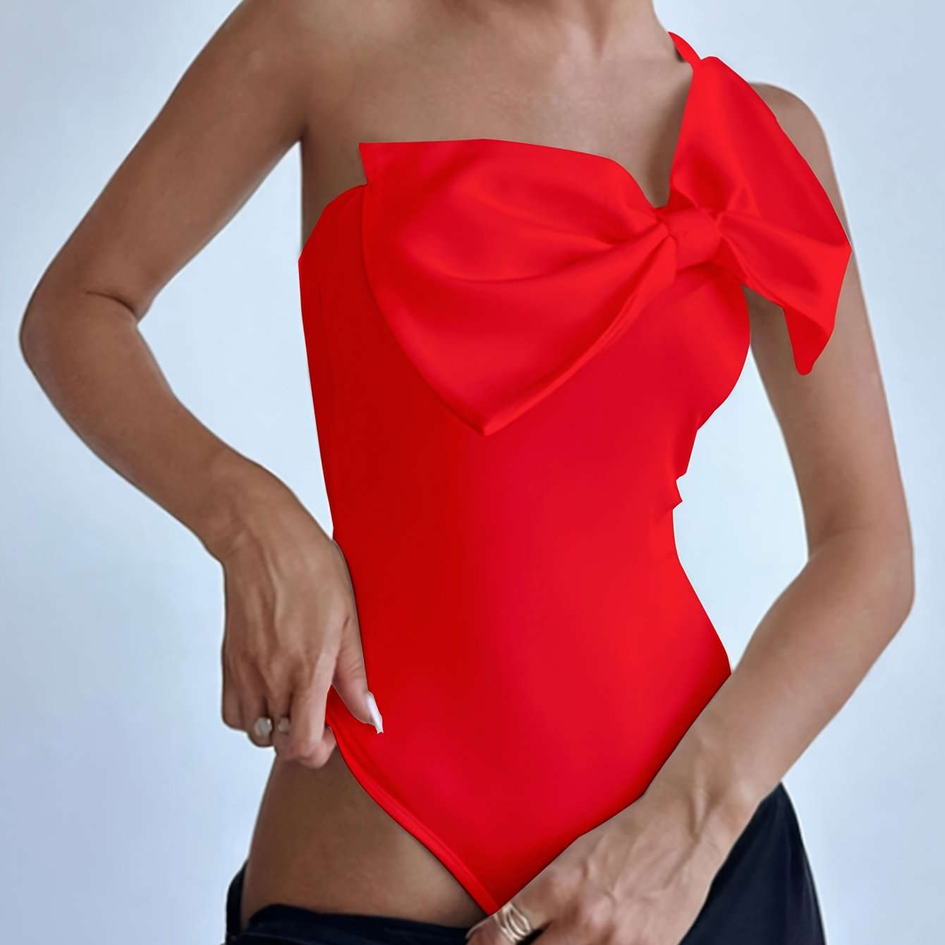 One-Shoulder Fitted Bodysuit with Large Bow - Sexy Knit Design   OAXG 