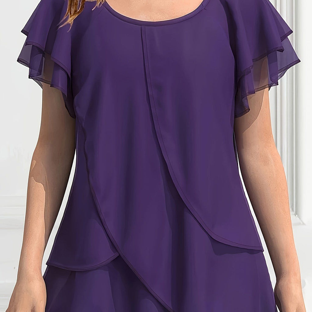 Optimized SPU: 978316212 Women's Solid Color Chiffon Ruffle Sleeve Layered Asymmetrical Hem Blouse   OAXG Purple / S