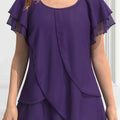Optimized SPU: 978316212 Women's Solid Color Chiffon Ruffle Sleeve Layered Asymmetrical Hem Blouse   OAXG Purple / S
