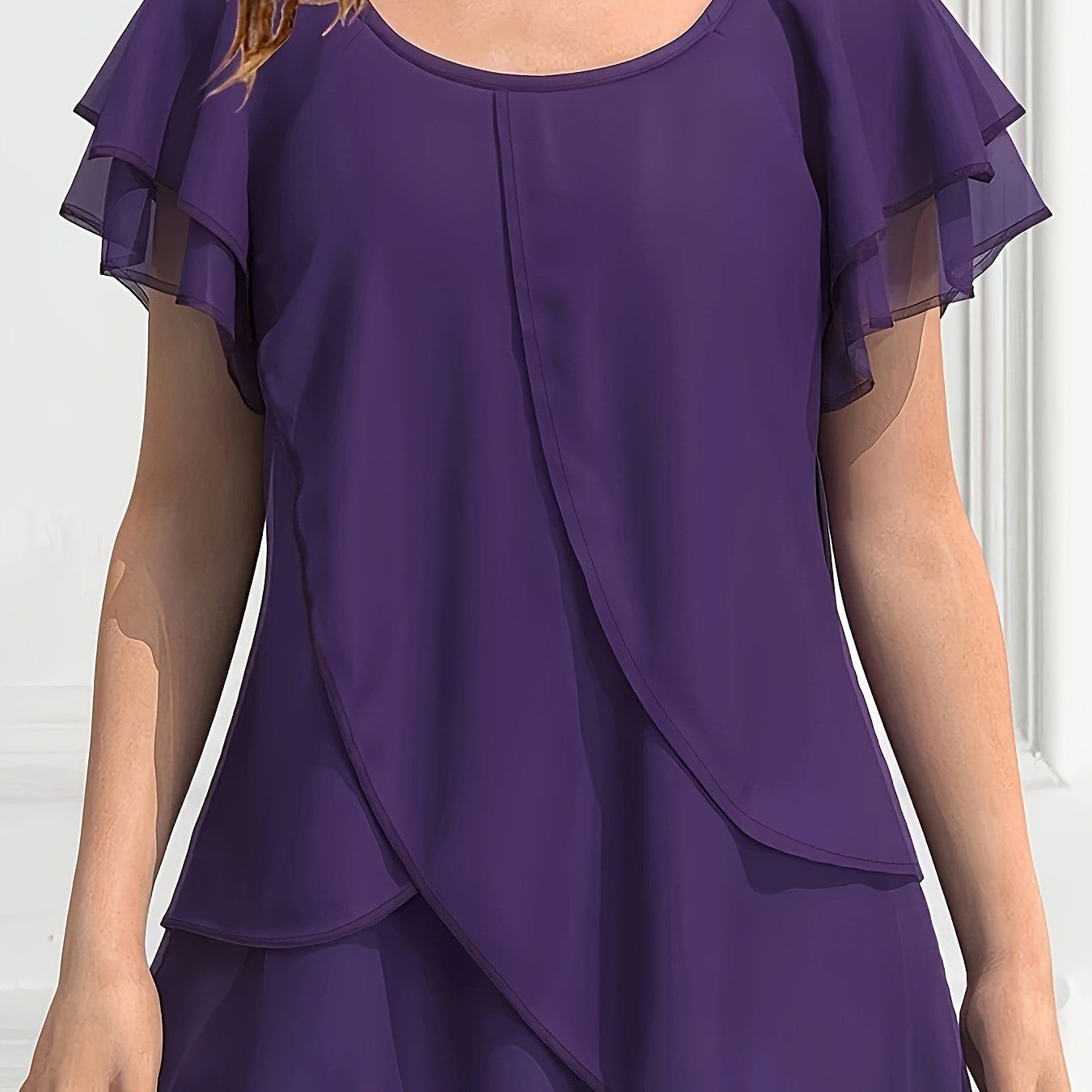 Optimized SPU: 978316212 Women's Solid Color Chiffon Ruffle Sleeve Layered Asymmetrical Hem Blouse   OAXG Purple / S