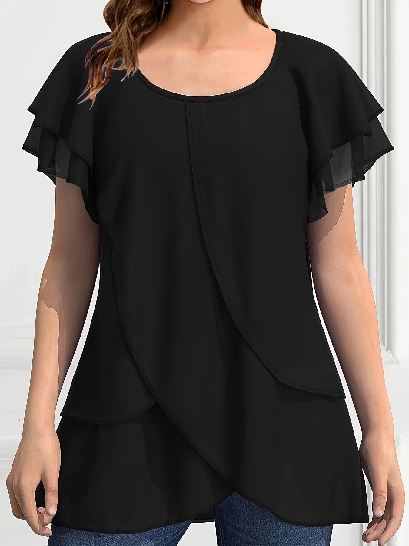 Optimized SPU: 978316212 Women's Solid Color Chiffon Ruffle Sleeve Layered Asymmetrical Hem Blouse   OAXG Purple / S