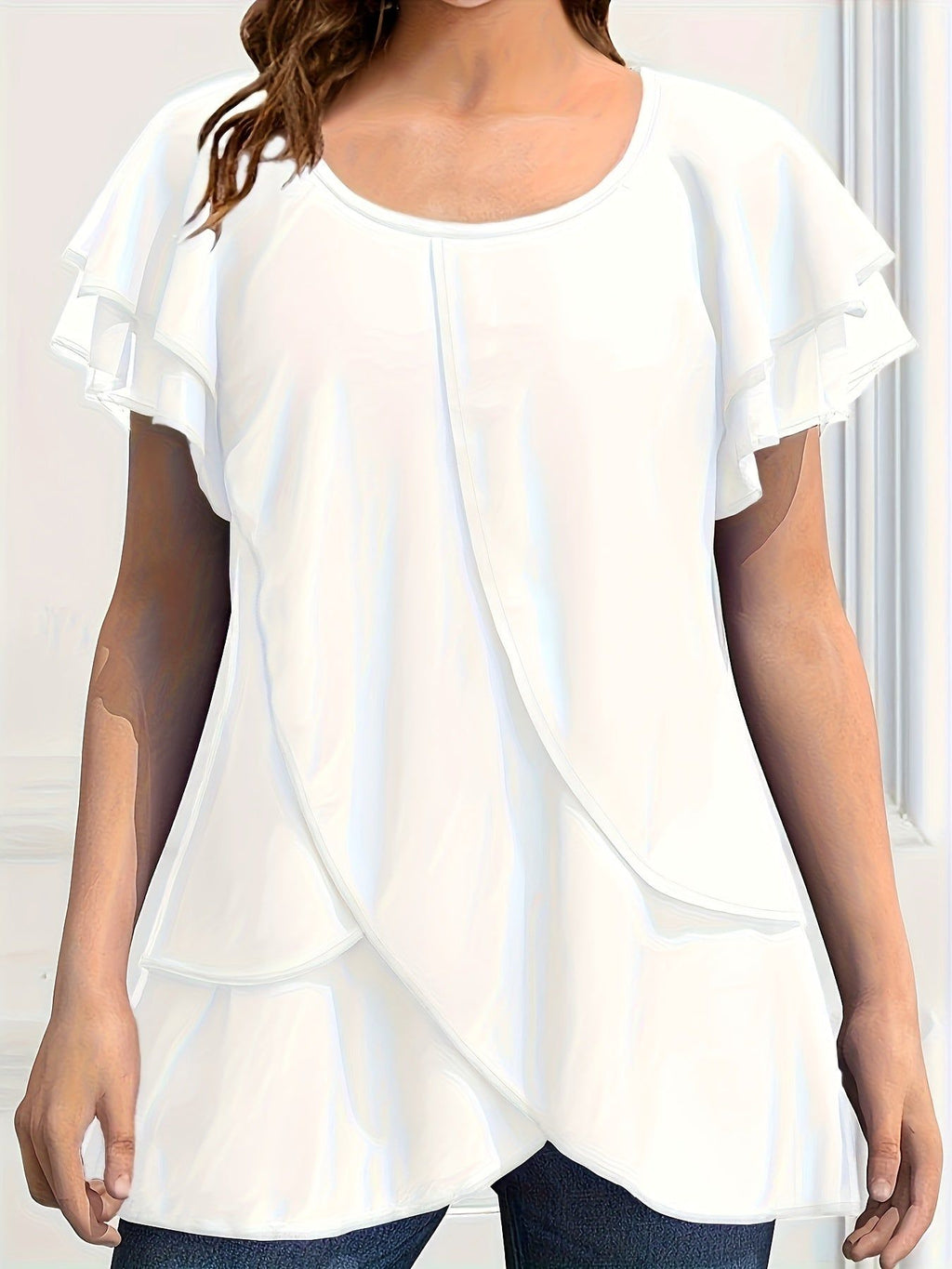 Optimized SPU: 978316212 Women's Solid Color Chiffon Ruffle Sleeve Layered Asymmetrical Hem Blouse   OAXG Purple / S