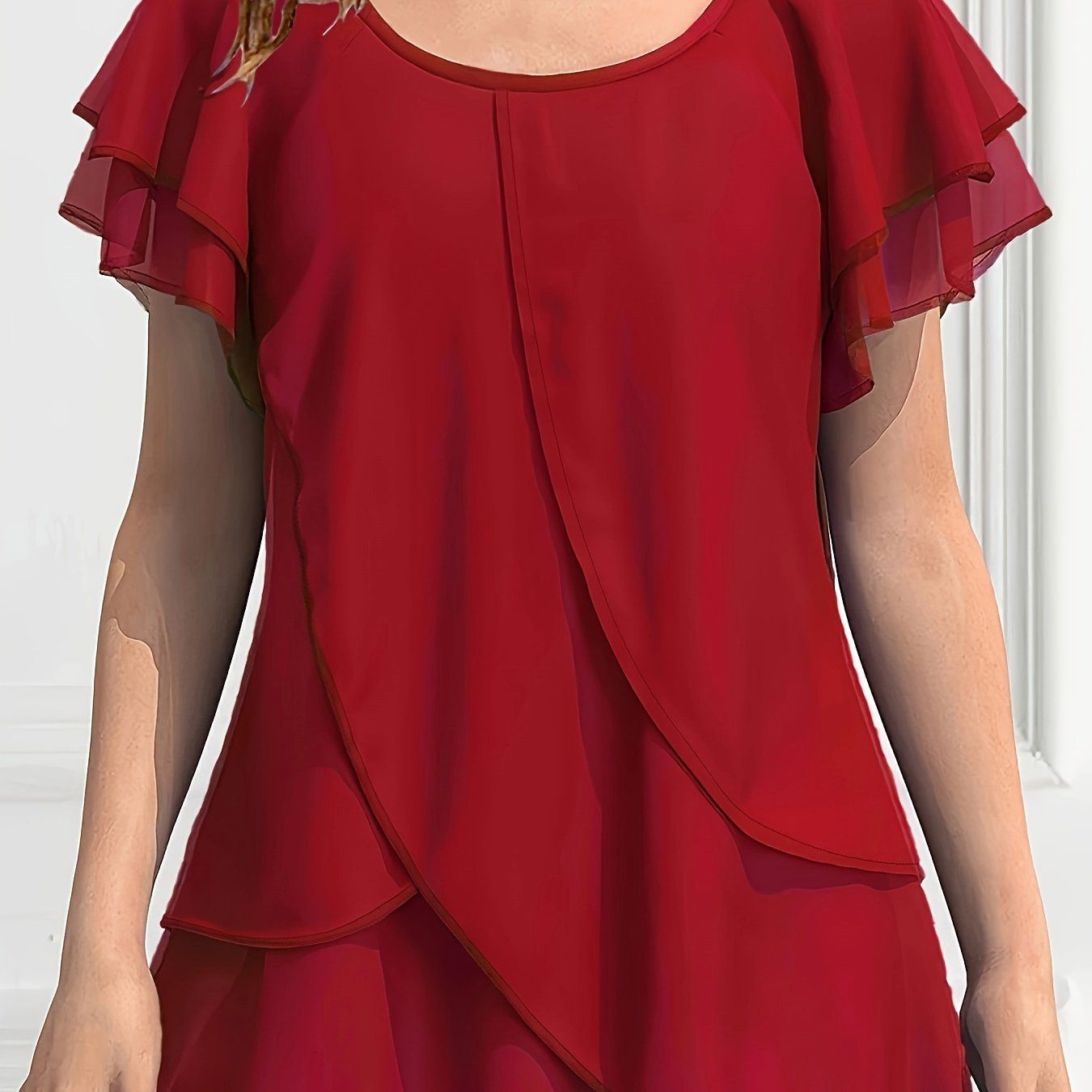 Optimized SPU: 978316212 Women's Solid Color Chiffon Ruffle Sleeve Layered Asymmetrical Hem Blouse   OAXG Purple / S