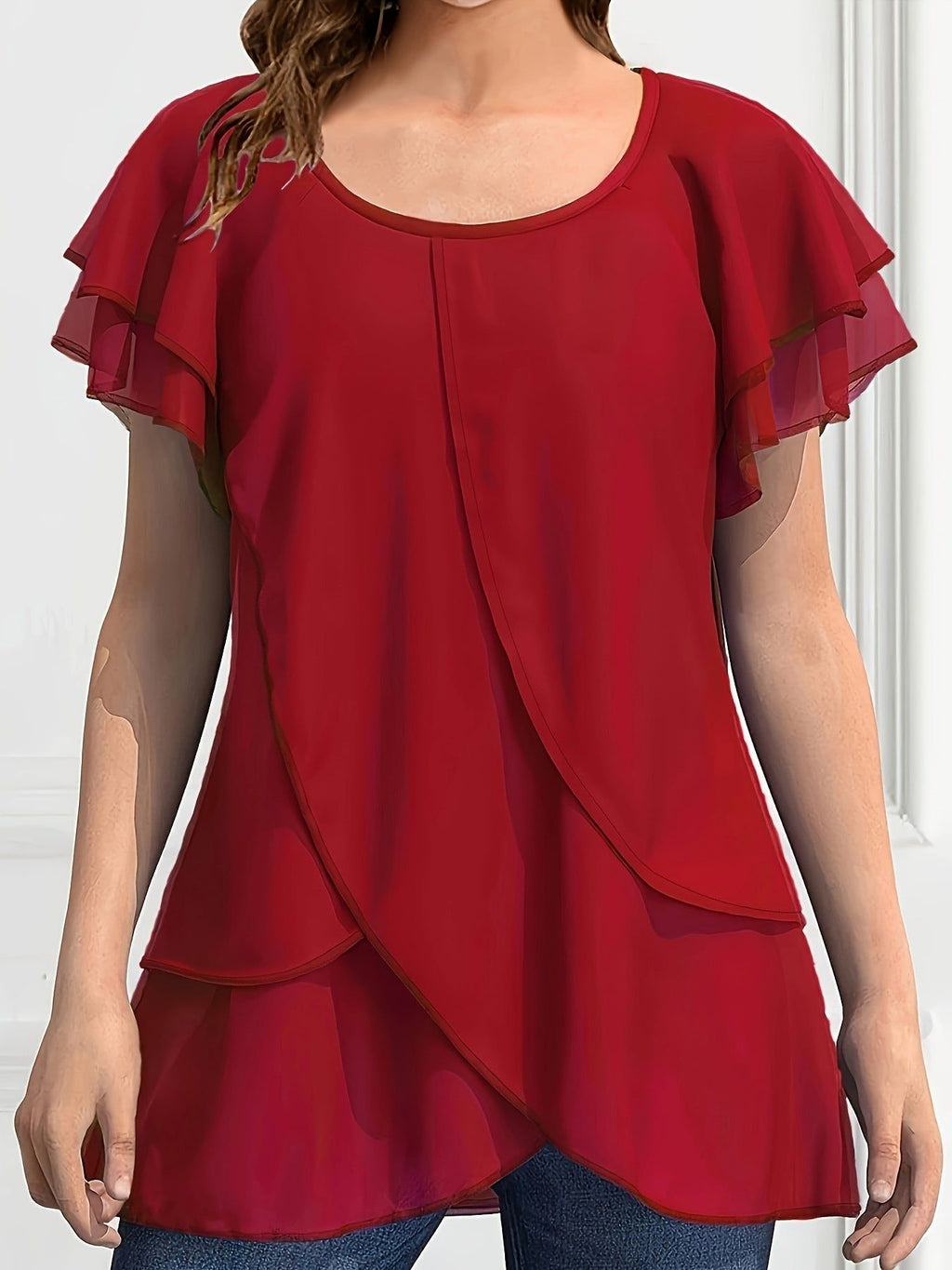 Optimized SPU: 978316212 Women's Solid Color Chiffon Ruffle Sleeve Layered Asymmetrical Hem Blouse   OAXG Purple / S