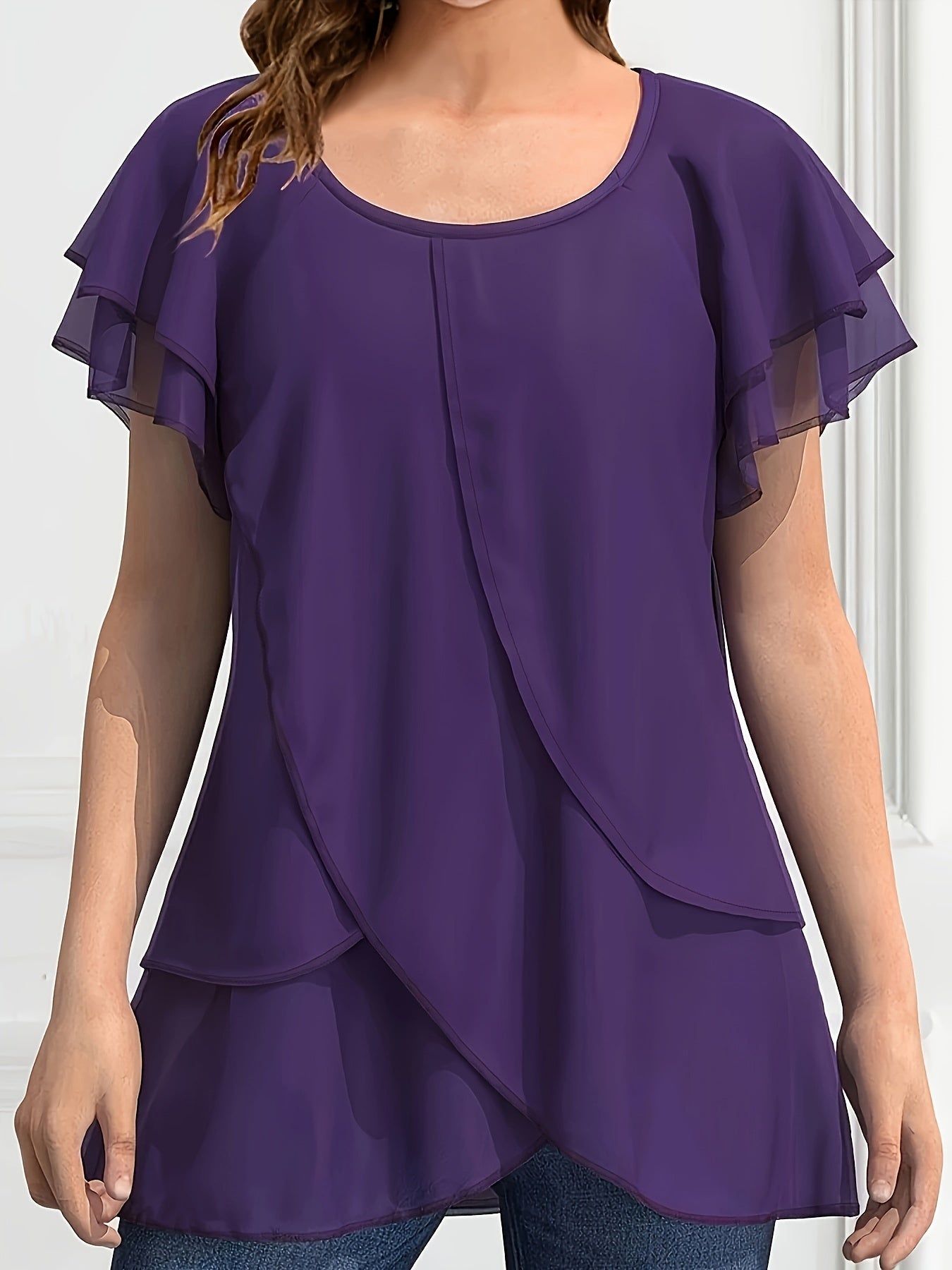 Optimized SPU: 978316212 Women's Solid Color Chiffon Ruffle Sleeve Layered Asymmetrical Hem Blouse   OAXG Purple / S
