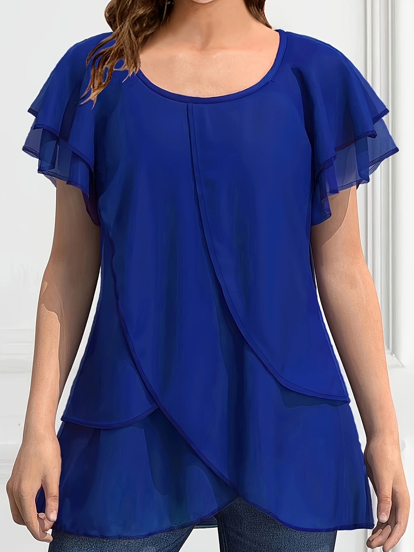 Optimized SPU: 978316212 Women's Solid Color Chiffon Ruffle Sleeve Layered Asymmetrical Hem Blouse   OAXG Purple / S