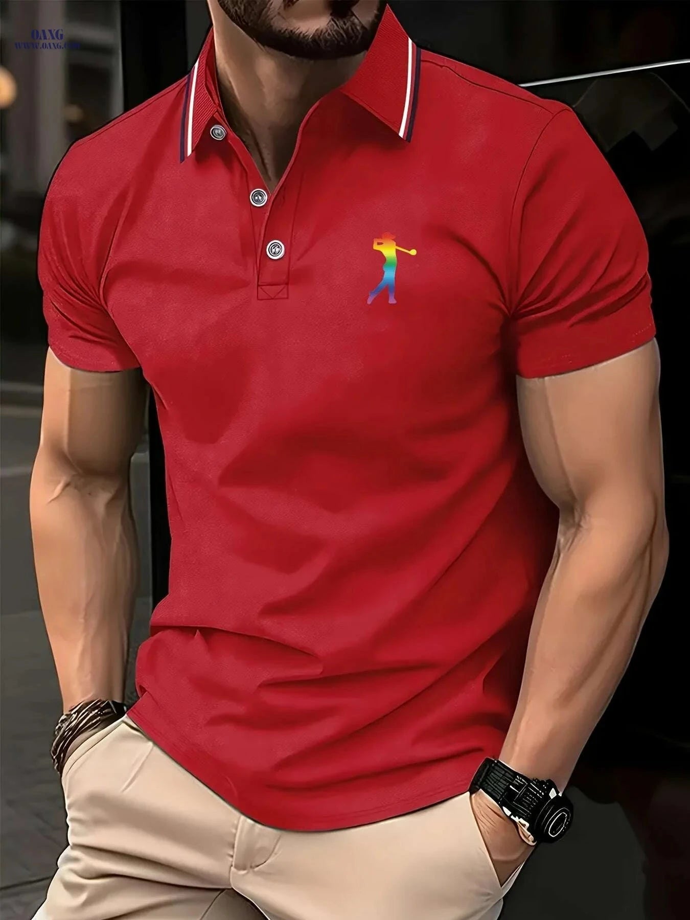 PALISBURTON Men's Red Golf Polo Shirt - Casual Short Sleeve Fit   OAXG 