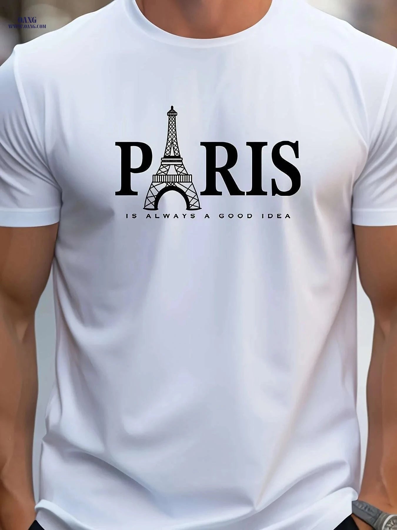Paris Eiffel Tower Graphic Tee for Men - Casual Round Neck Style   OAXG White / S