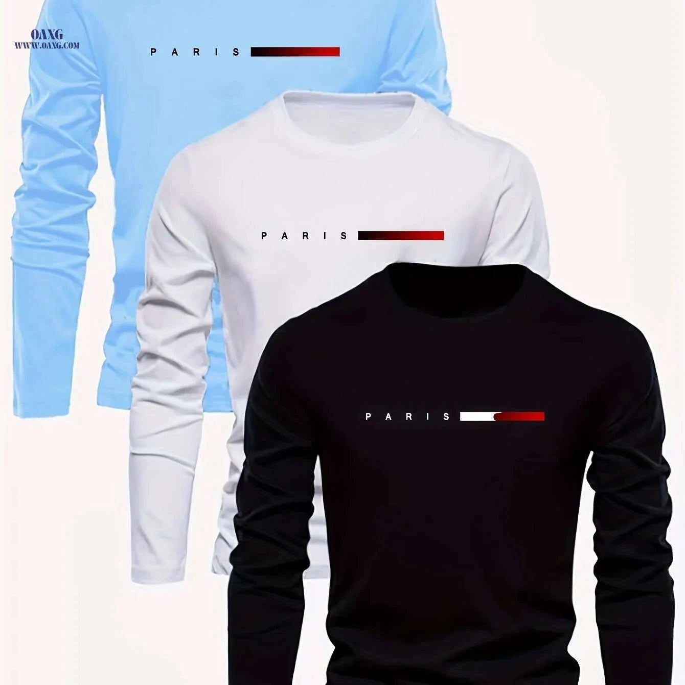 Paris Letter Print Men's Long Sleeve T-Shirts - Casual Fit, All Seasons   OAXG Black light blue dark blue / S