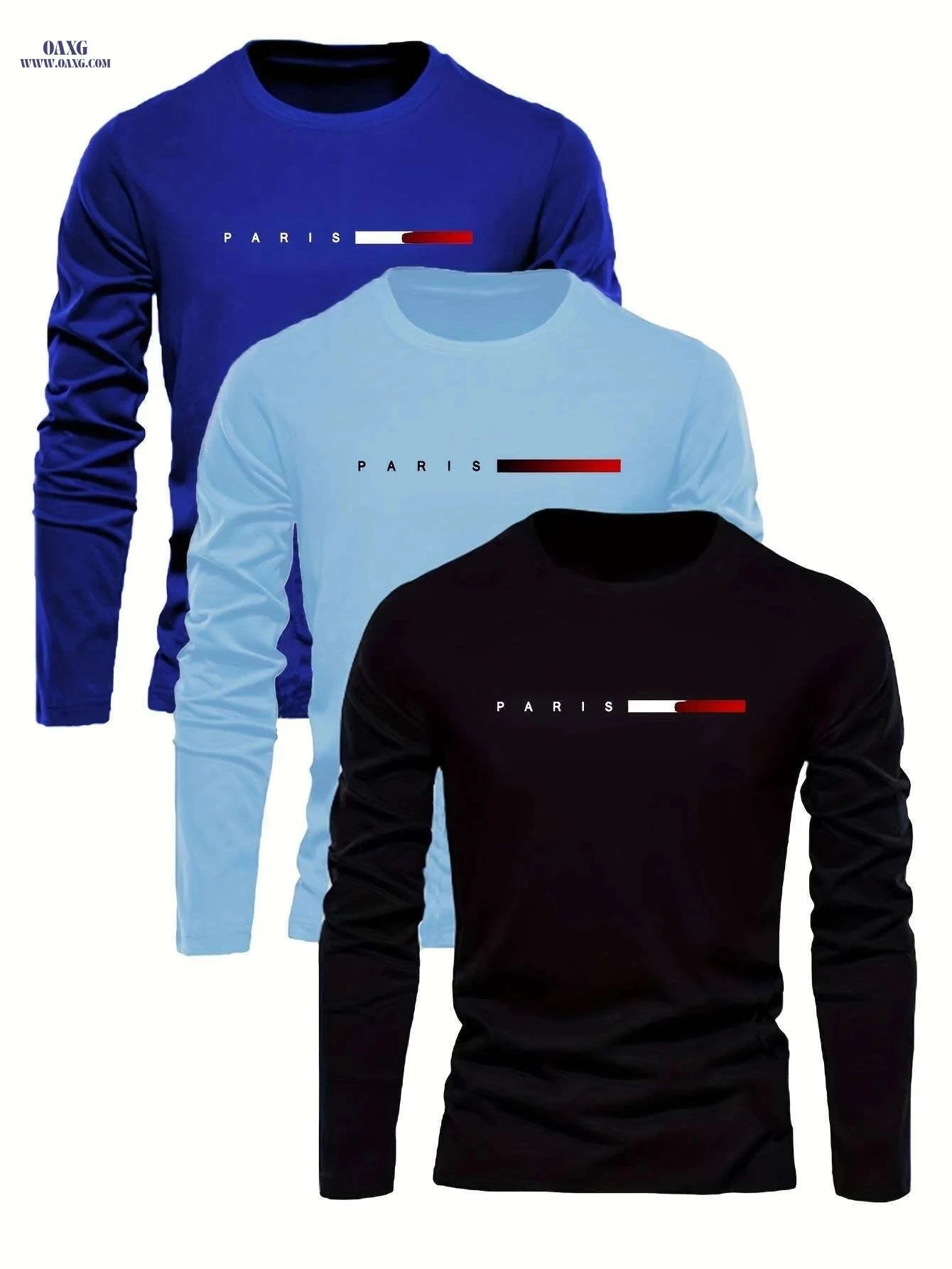 Paris Letter Print Men's Long Sleeve T-Shirts - Casual Fit, All Seasons   OAXG Black light blue dark blue / S
