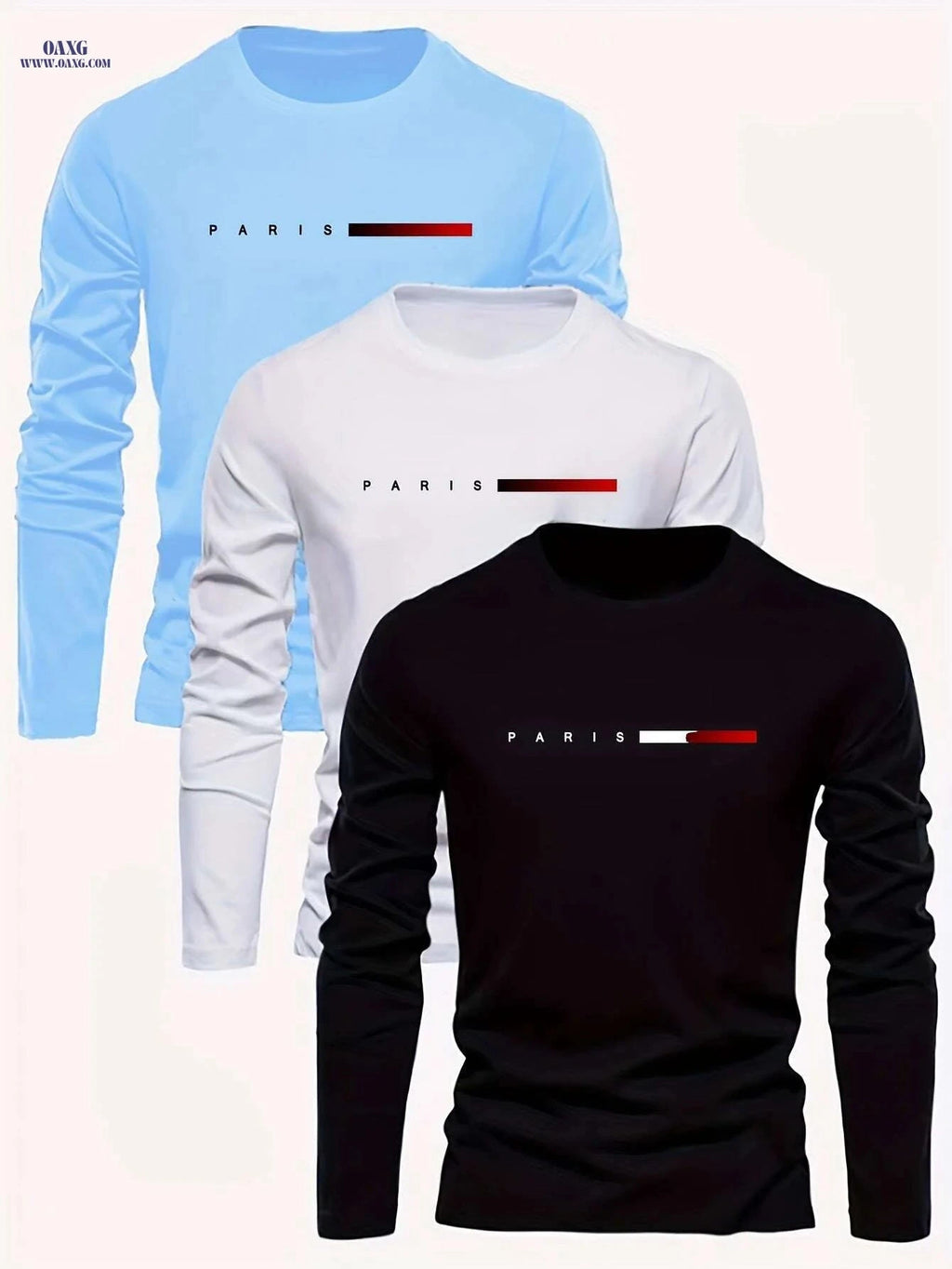 Paris Letter Print Men's Long Sleeve T-Shirts - Casual Fit, All Seasons   OAXG Black light blue dark blue / S