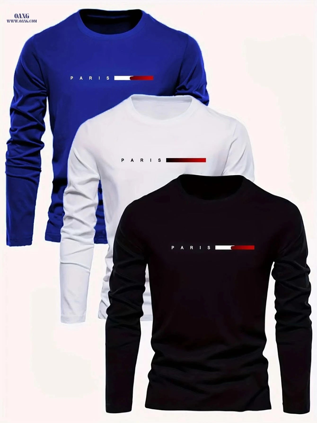 Paris Letter Print Men's Long Sleeve T-Shirts - Casual Fit, All Seasons   OAXG Black light blue dark blue / S