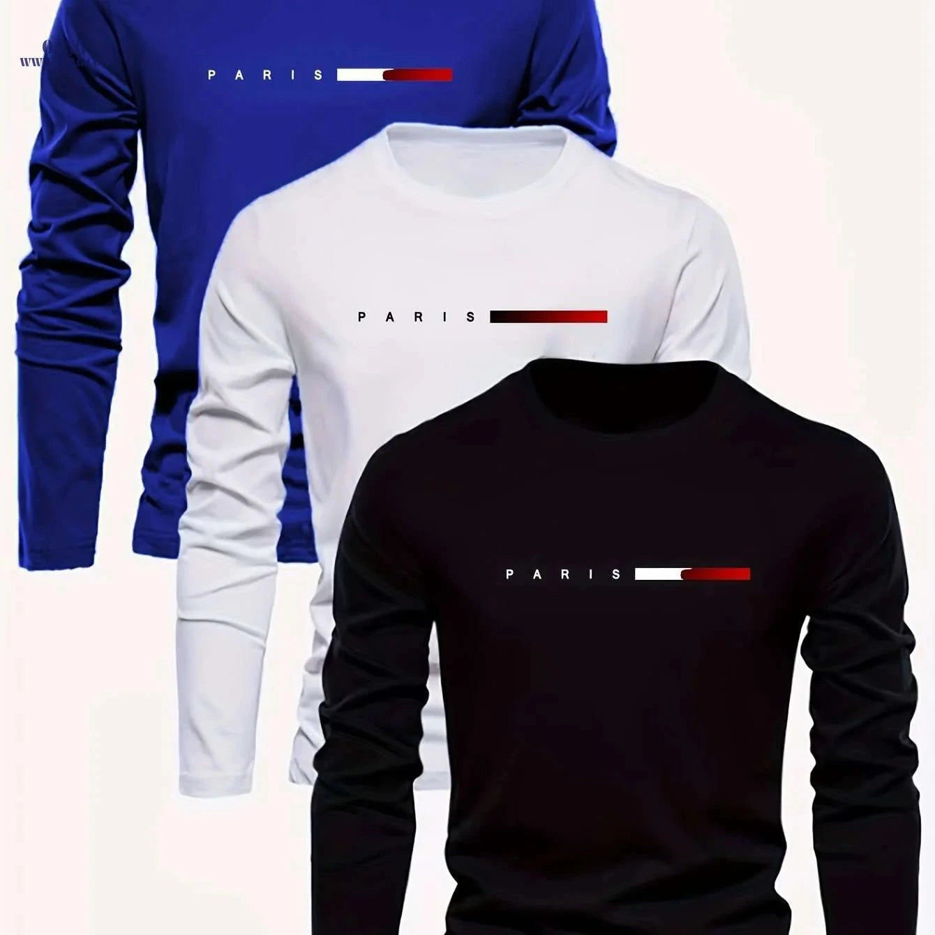 Paris Letter Print Men's Long Sleeve T-Shirts - Casual Fit, All Seasons   OAXG Black light blue dark blue / S