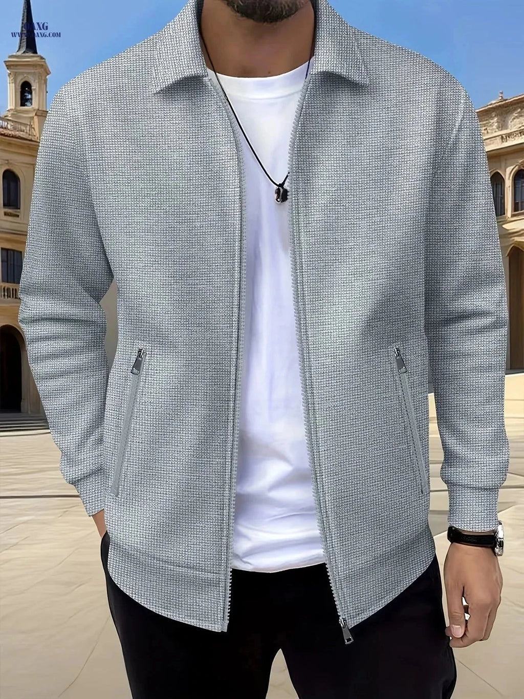 Pearson Men's Solid Zip-Up Waffle Knit Work Jacket - Casual Fit   OAXG Grey / FR S