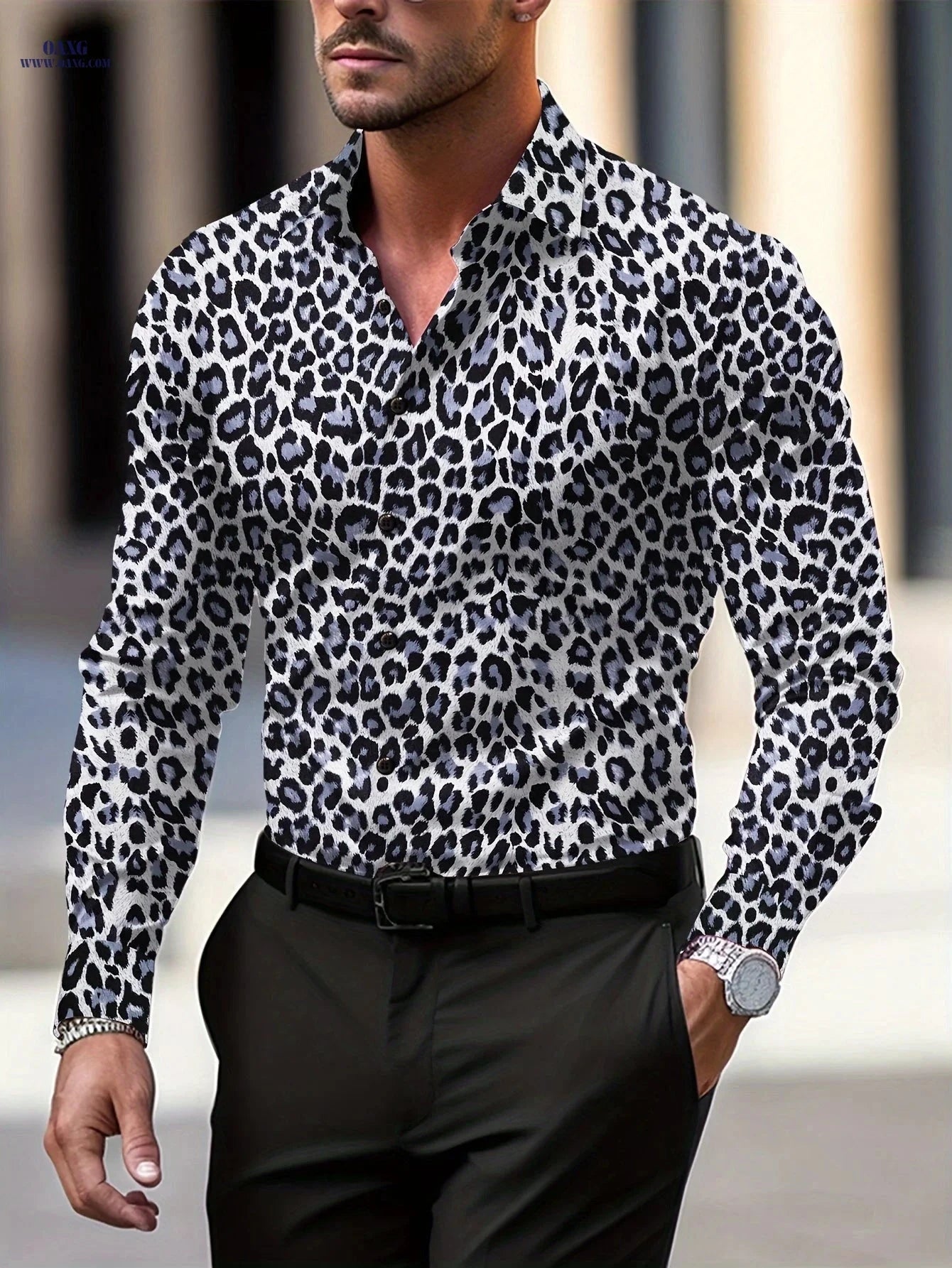 Pearson Select Men's Leopard Print Long Sleeve Shirt - Casual All-Season Style   OAXG 