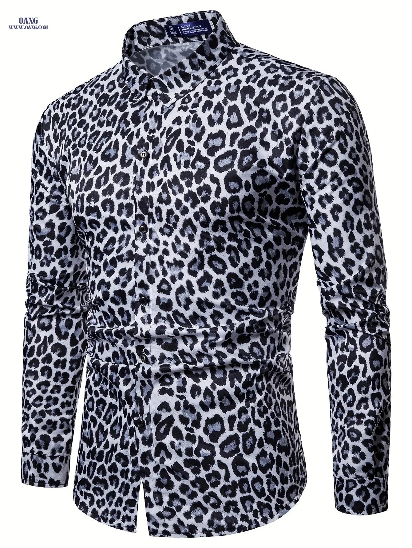 Pearson Select Men's Leopard Print Long Sleeve Shirt - Casual All-Season Style   OAXG White / FR S