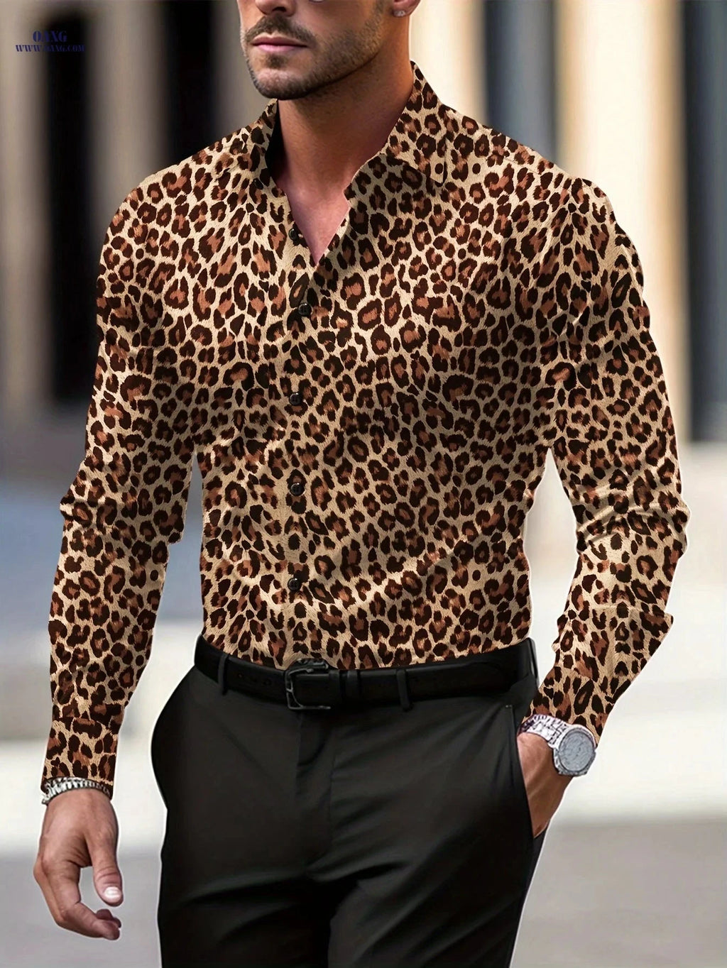 Pearson Select Men's Leopard Print Long Sleeve Shirt - Casual All-Season Style   OAXG White / FR S
