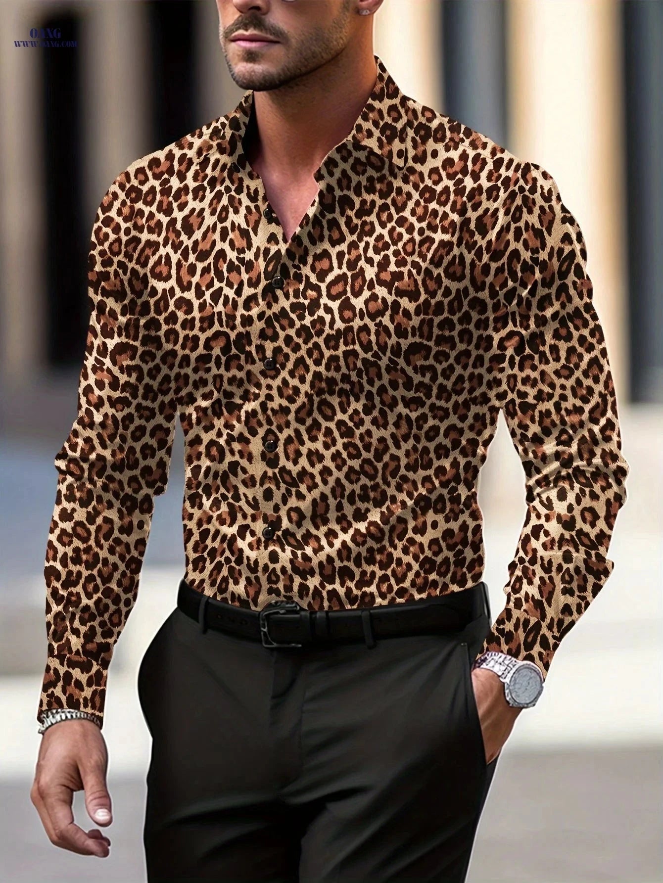 Pearson Select Men's Leopard Print Long Sleeve Shirt - Casual All-Season Style   OAXG White / FR S