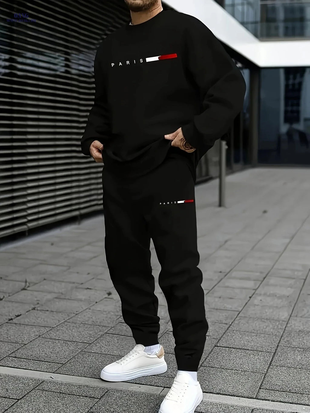 Peiqian Men's Casual Sports Set - Round Neck Top & Drawstring Pants   OAXG 