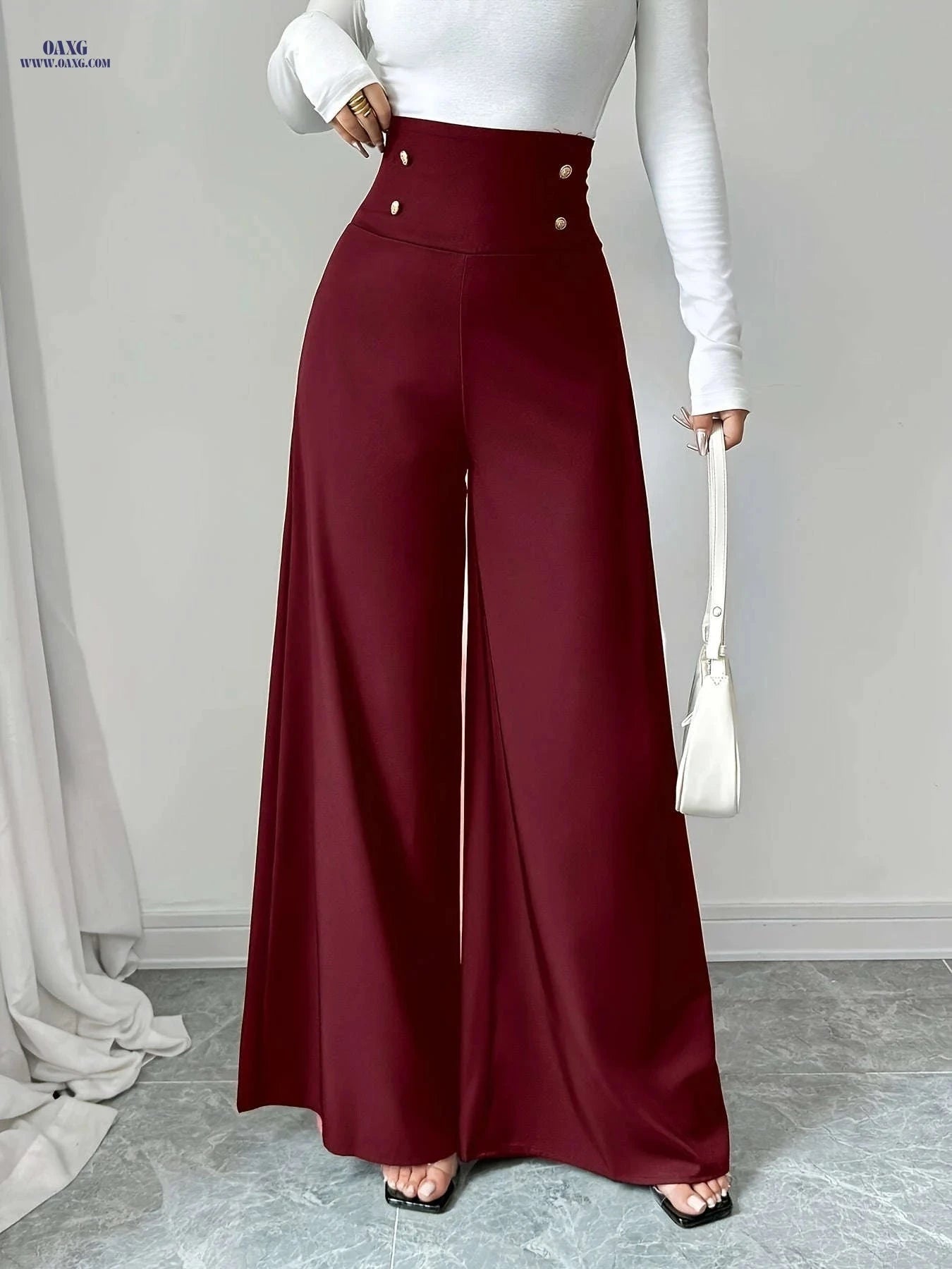 Philrey High-Waisted Black Wide-Leg Pants - Elegant Office Attire   OAXG crimson / XS