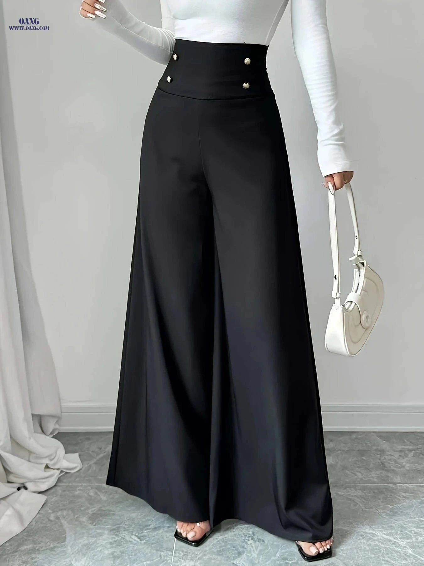 Philrey High-Waisted Black Wide-Leg Pants - Elegant Office Attire   OAXG 