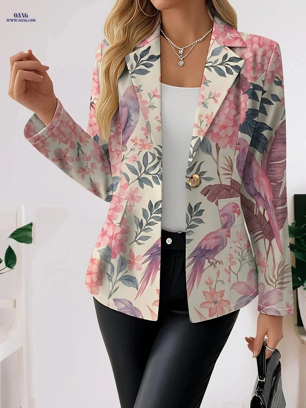 Pink Long-Sleeve Women's Coat - Elegant Floral Design for Autumn   OAXG Mixed Color / S