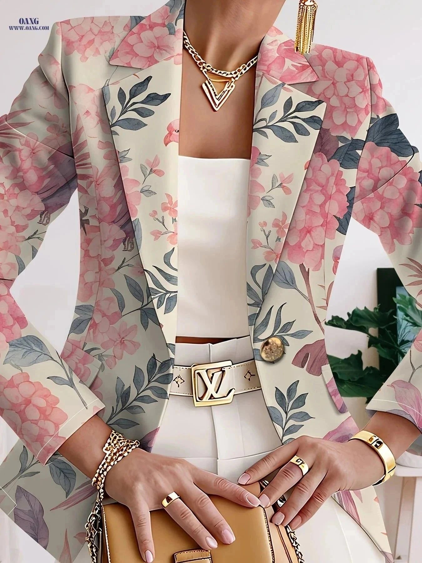 Pink Long-Sleeve Women's Coat - Elegant Floral Design for Autumn   OAXG Mixed Color / S