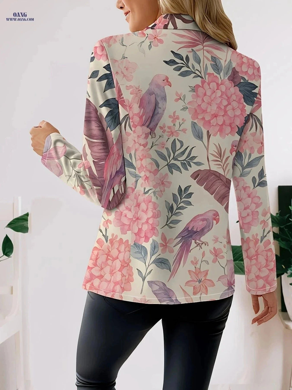 Pink Long-Sleeve Women's Coat - Elegant Floral Design for Autumn   OAXG Mixed Color / S