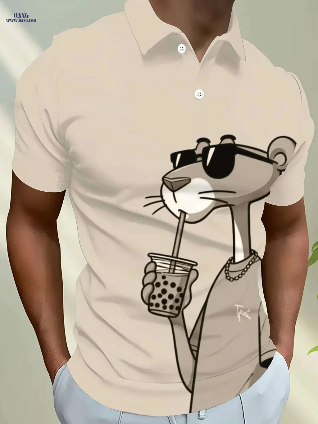 Pink Men's Casual Short Sleeve Shirt - 3D Panther Print & Breathable   OAXG 