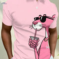 Pink Men's Casual Short Sleeve Shirt - 3D Panther Print & Breathable   OAXG 