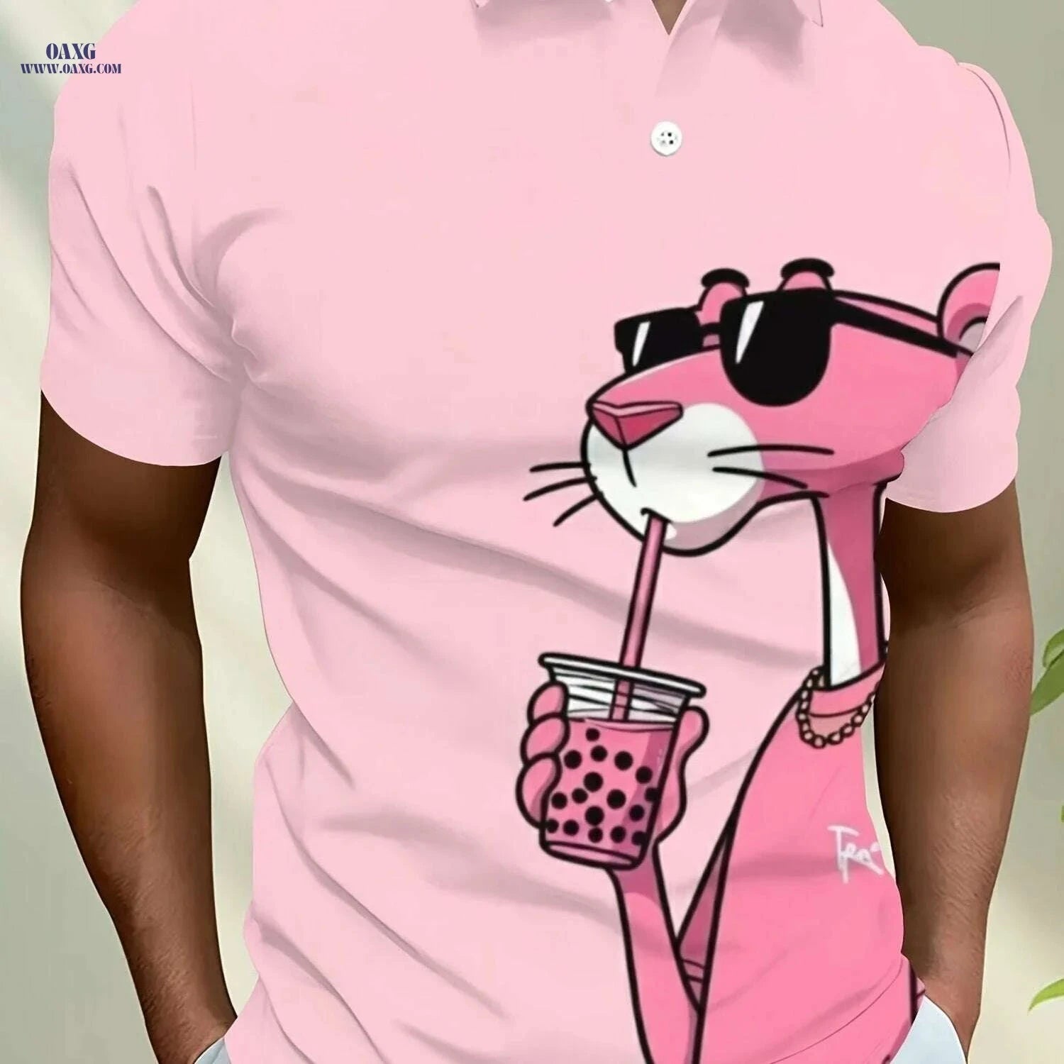 Pink Men's Casual Short Sleeve Shirt - 3D Panther Print & Breathable   OAXG 
