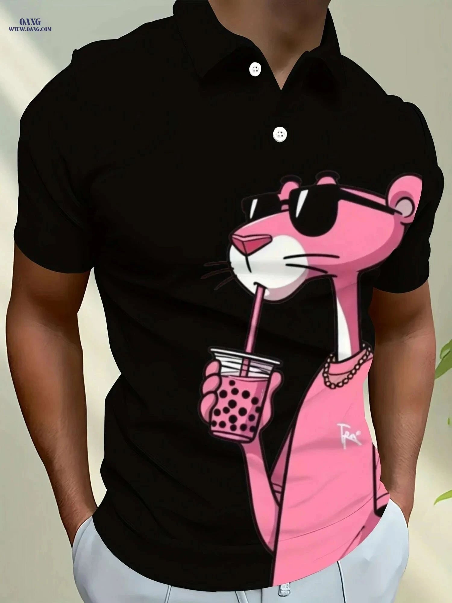 Pink Men's Casual Short Sleeve Shirt - 3D Panther Print & Breathable   OAXG 
