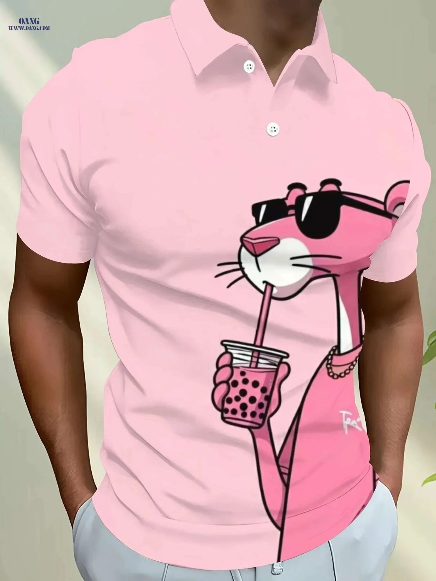 Pink Men's Casual Short Sleeve Shirt - 3D Panther Print & Breathable   OAXG 