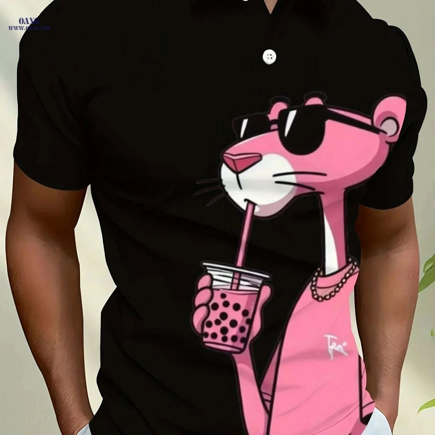 Pink Men's Casual Short Sleeve Shirt - 3D Panther Print & Breathable   OAXG Pink Color / S