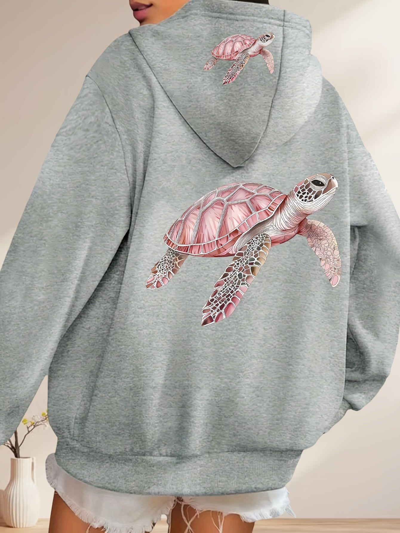 Pink Sea Turtle Art Dual-Pattern Print - Y2K Casual Style Zip-Up Hoodie - Stylish and Comfortable Zip-Up Jacket with Pockets - Casual Sportswear for Spring, Autumn, and Winter | Fashionable Casual Jacket | Comfortable Fabric   OAXG Grey / S