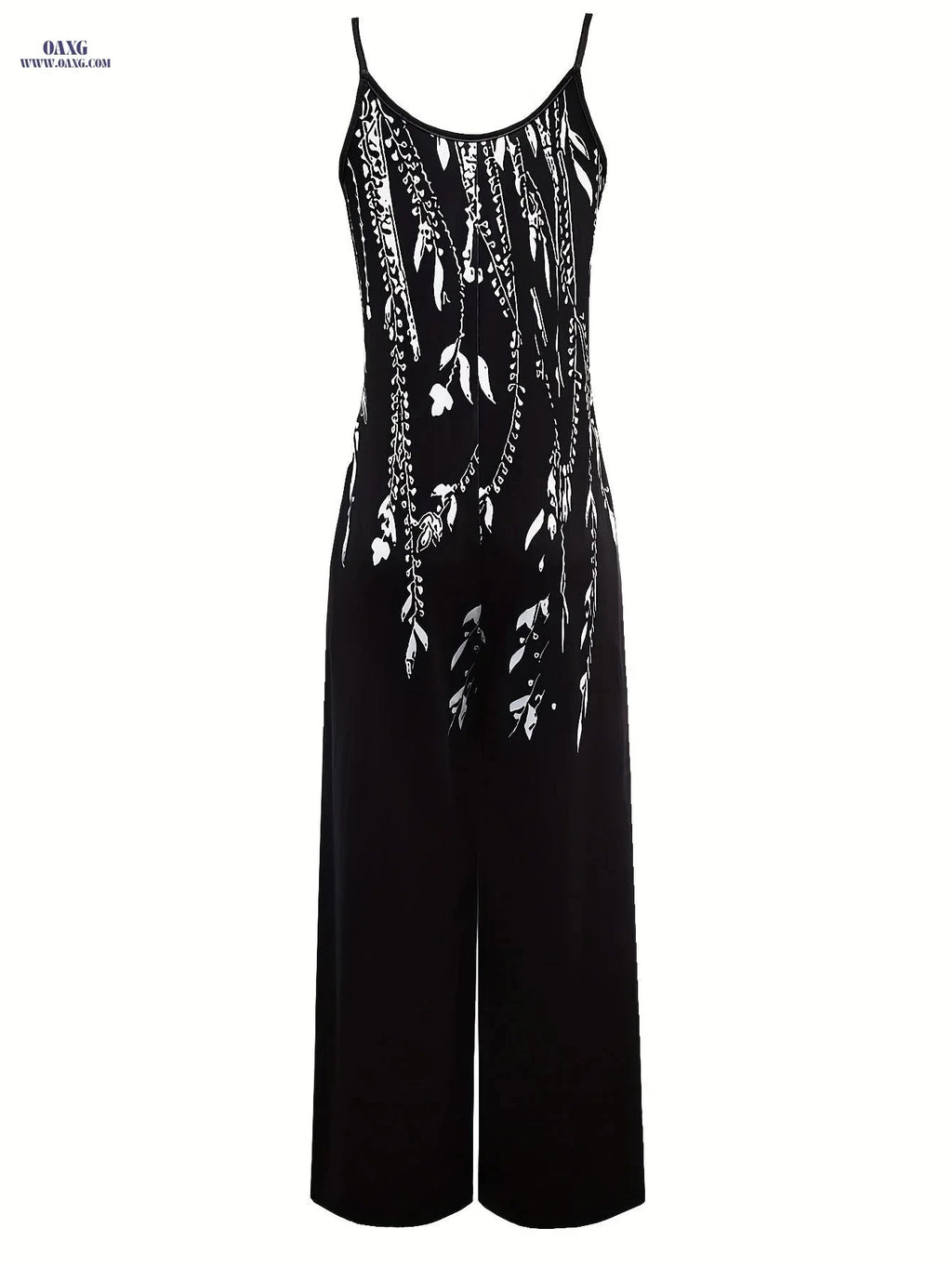 Plant Print Women’s Jumpsuit - Casual Wide Leg Round Neck Style   OAXG Black / L