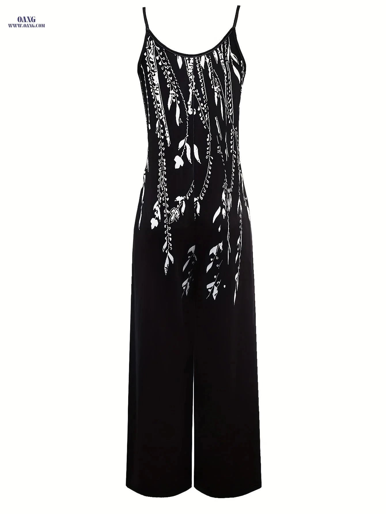 Plant Print Women’s Jumpsuit - Casual Wide Leg Round Neck Style   OAXG Black / L