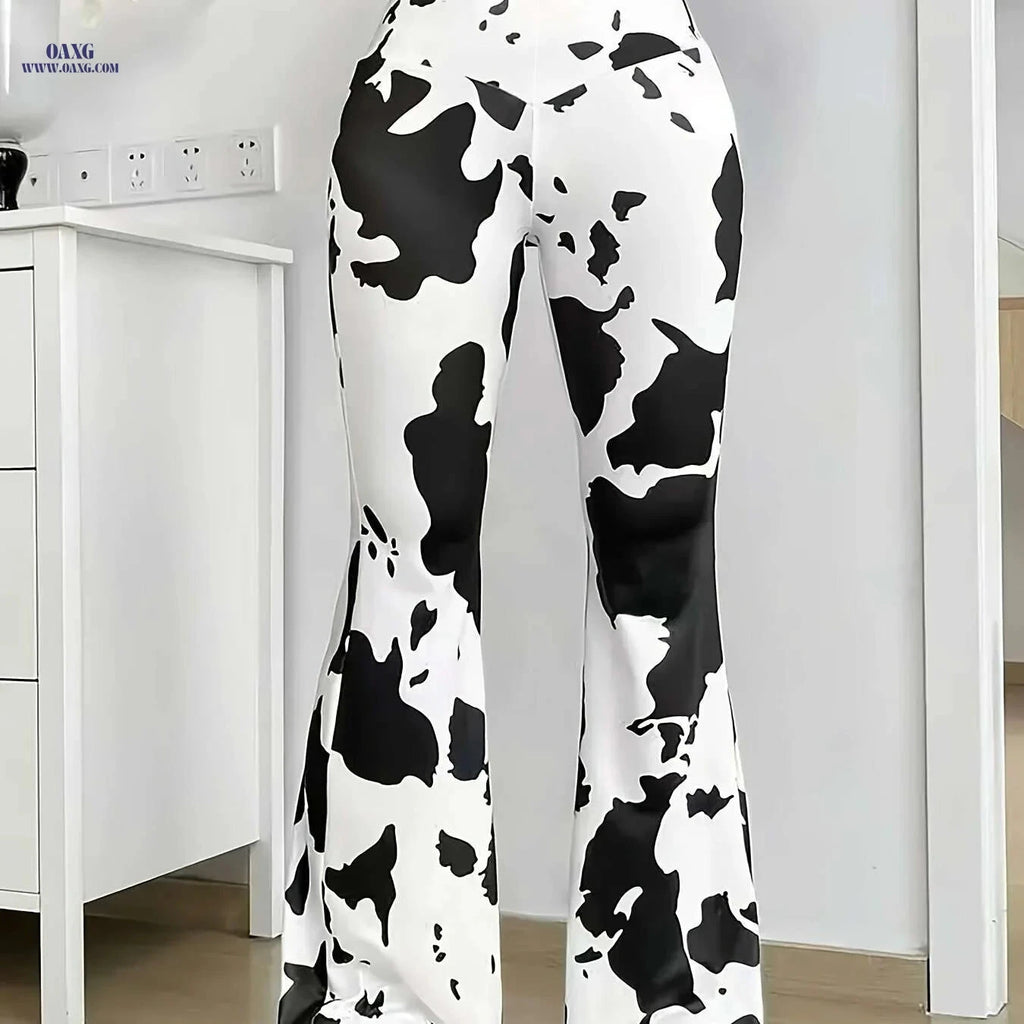 Playful Animal Print Flared Pants - Black & White Cow Design   OAXG 