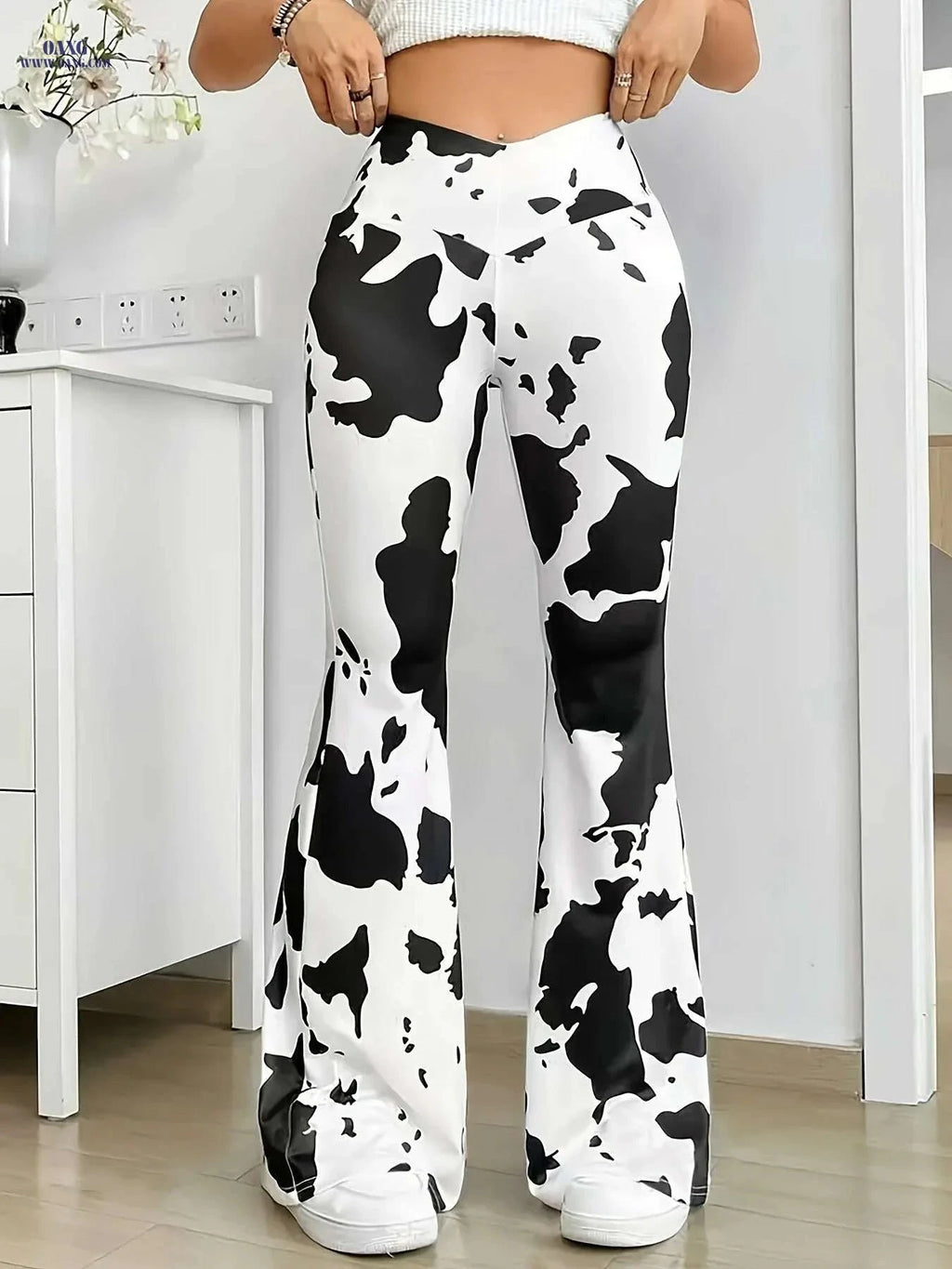 Playful Animal Print Flared Pants - Black & White Cow Design   OAXG Mixed Color / S