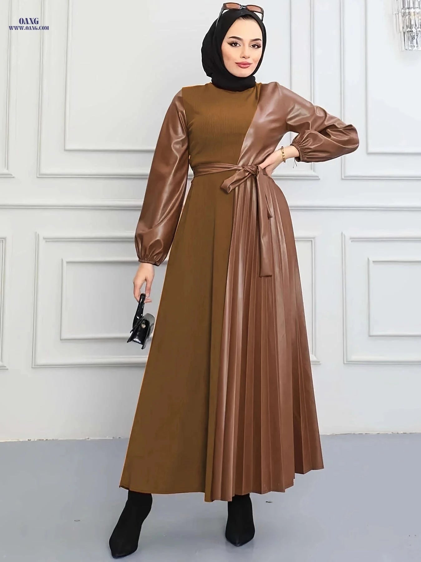 Pleated Long Split Women's Dress - Solid Color Casual Style   OAXG 