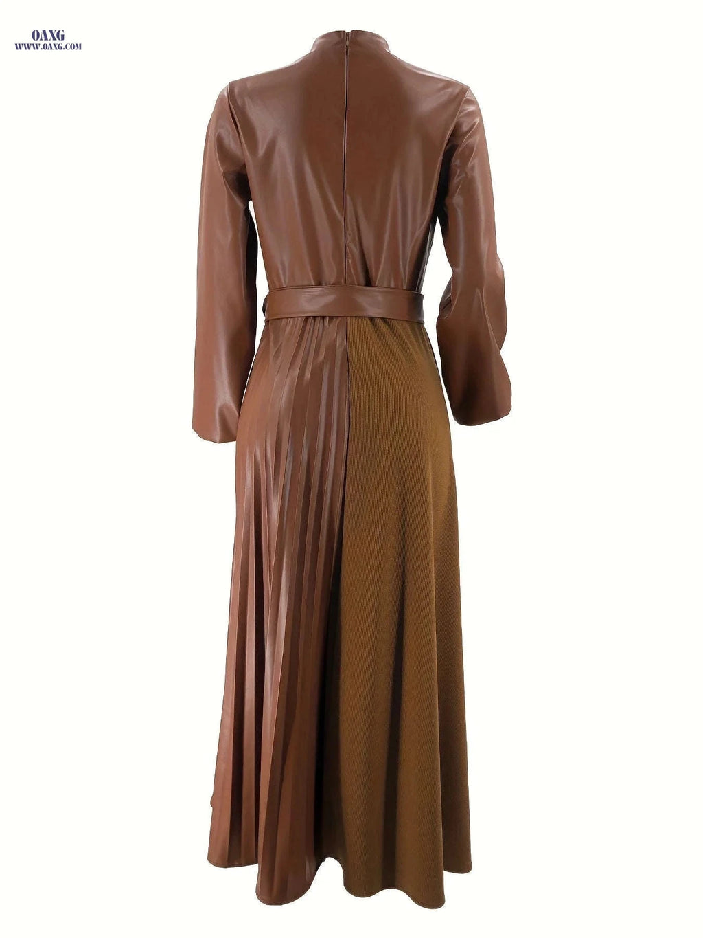 Pleated Long Split Women's Dress - Solid Color Casual Style   OAXG Orange Brown / S