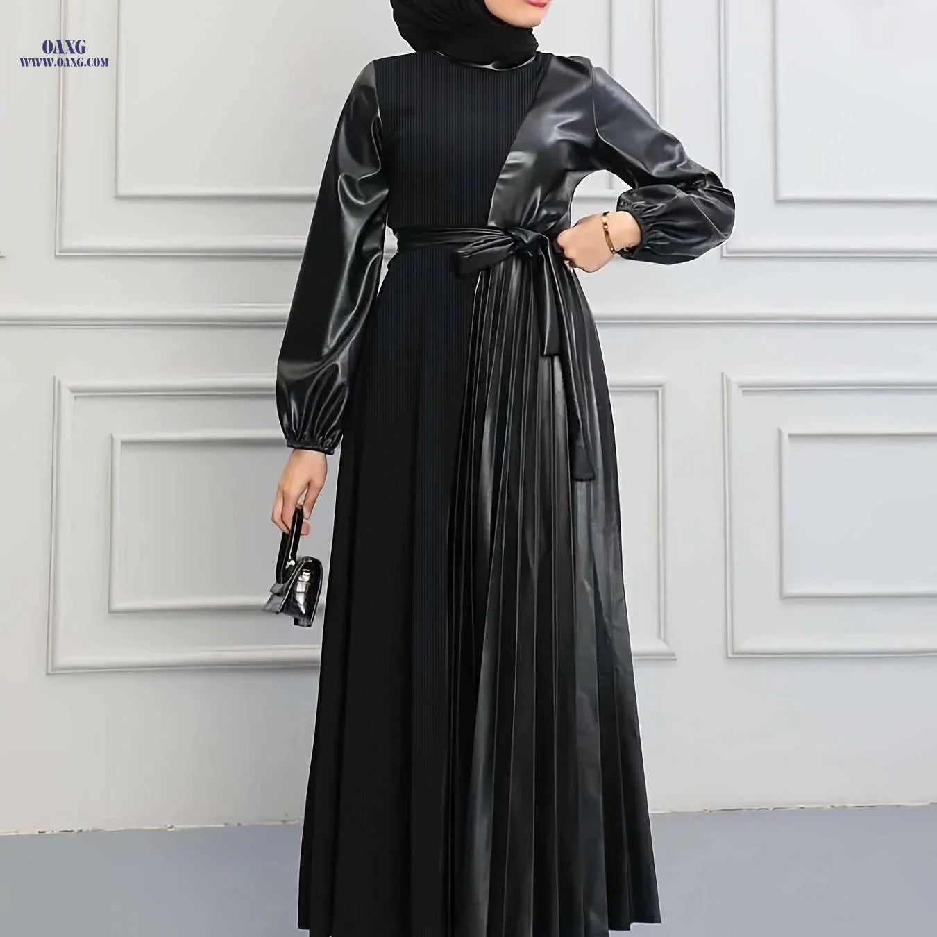 Pleated Long Split Women's Dress - Solid Color Casual Style   OAXG Orange Brown / S