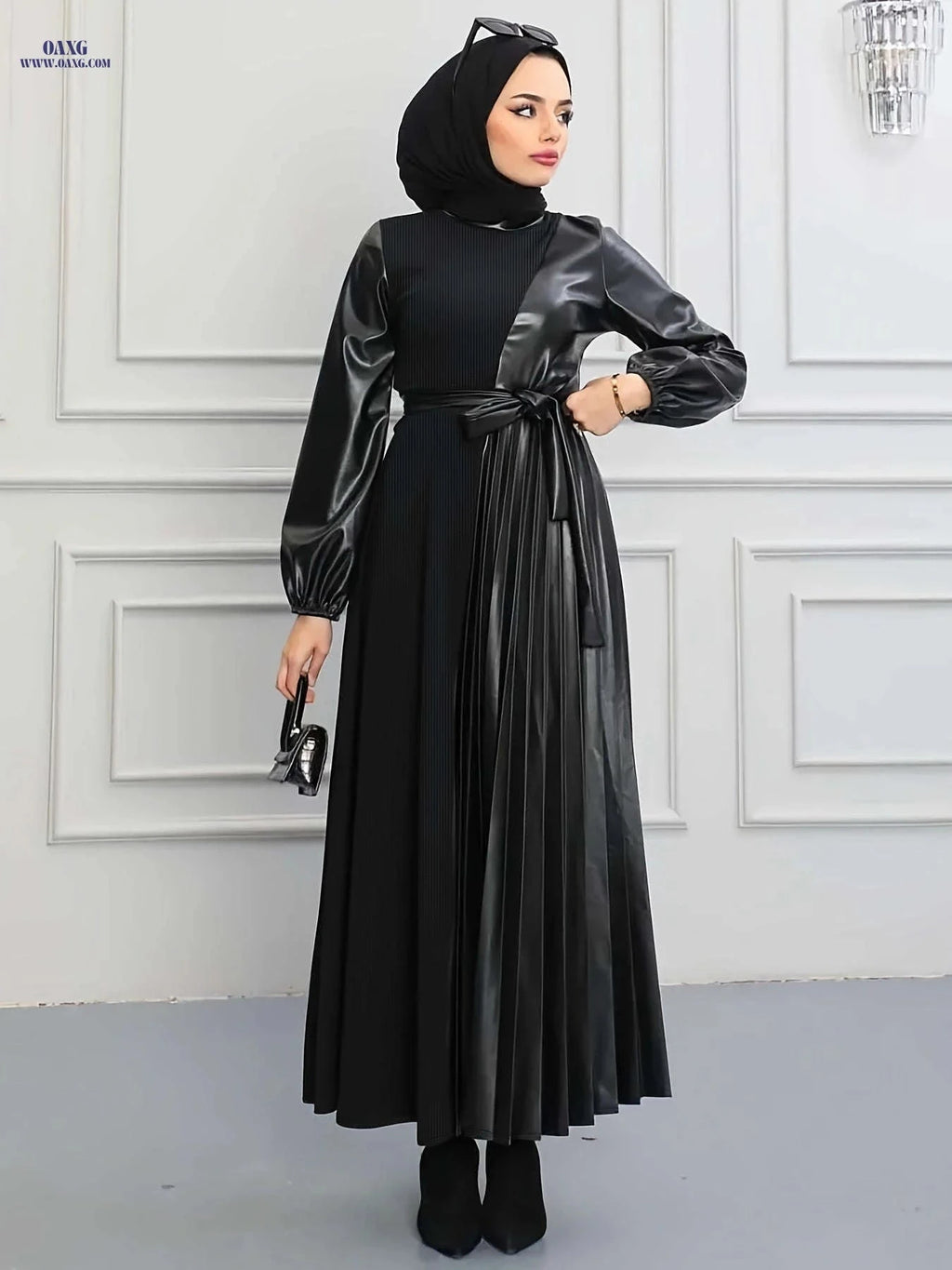 Pleated Long Split Women's Dress - Solid Color Casual Style   OAXG Orange Brown / S